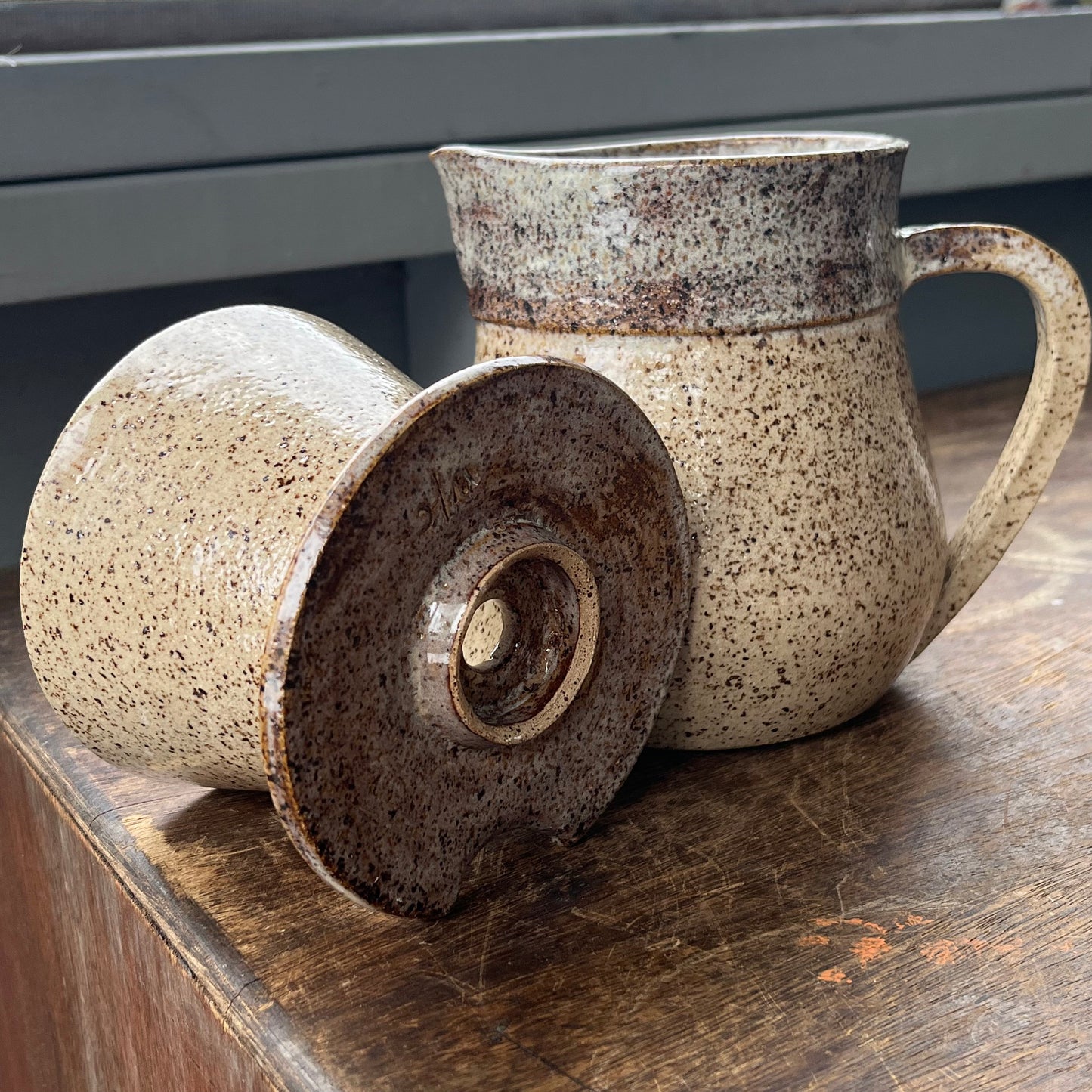 Ceramic Pour Over Set Brown Speckled Beige - Coffee Brewer and Pitcher Set - Pottery Brewer & Pitcher