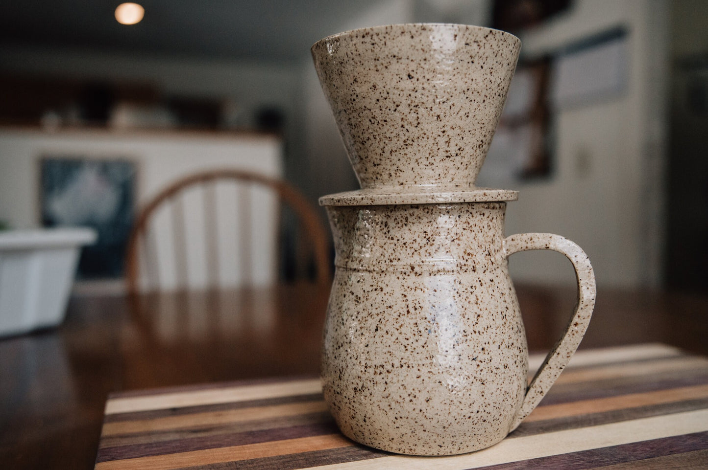 Ceramic Pour Over Set Brown Speckled Beige - Coffee Brewer and Pitcher Set - Pottery Brewer & Pitcher