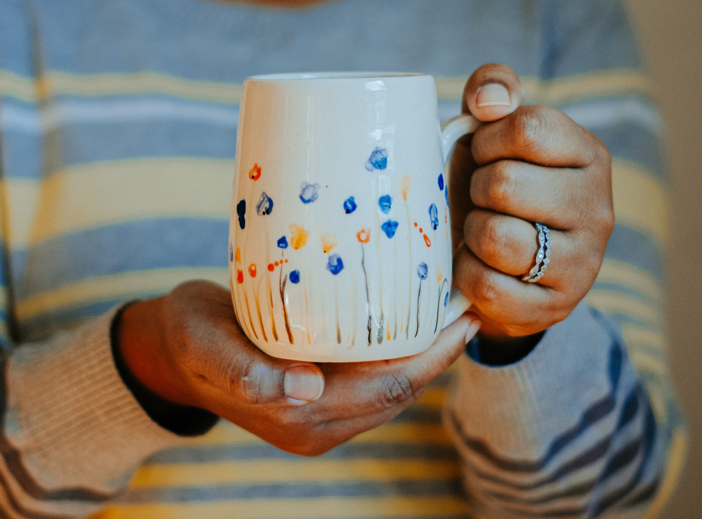 Natural White Wildflowers Porcelain Mug | Hand Painted Flowers Pottery Mug | Spring Coffee Mug
