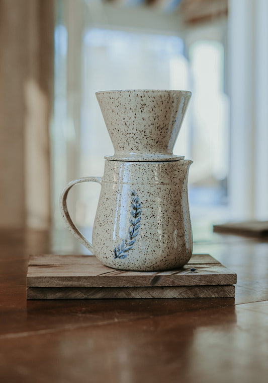 Ceramic Pour Over Set  | Coffee Dripper | Speckled Beige Fern - Coffee Brewer and Pitcher Set - Pottery Brewer & Pitcher
