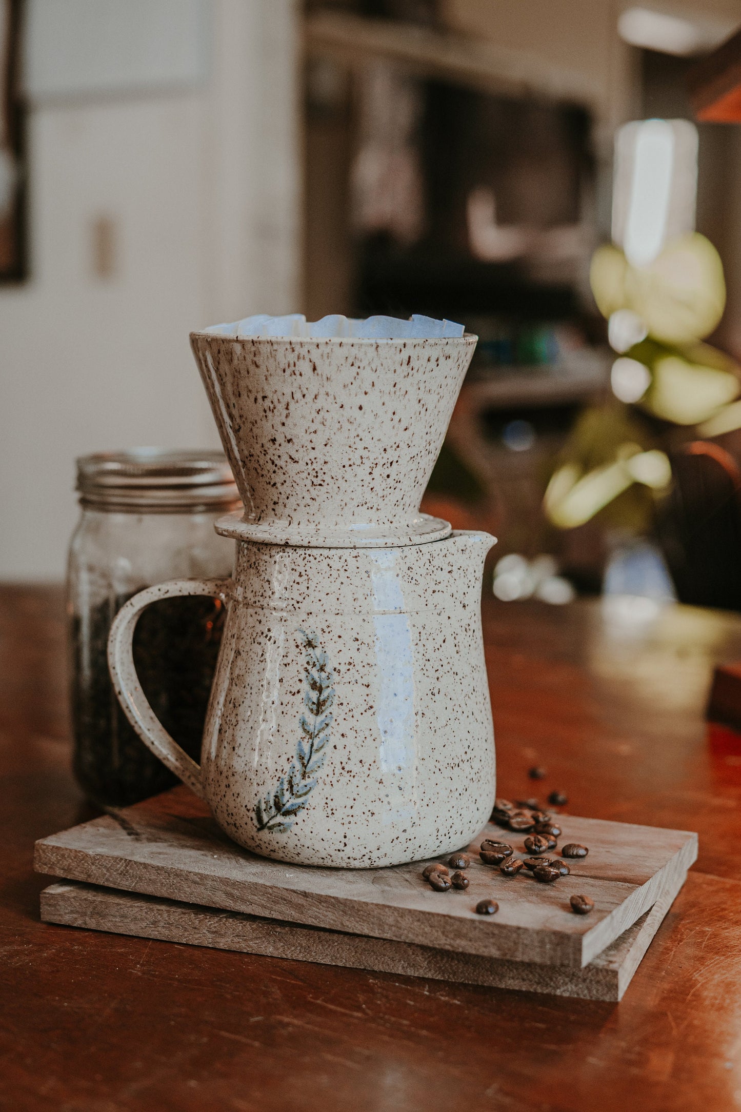 Ceramic Pour Over Set  | Coffee Dripper | Speckled Beige Fern - Coffee Brewer and Pitcher Set - Pottery Brewer & Pitcher