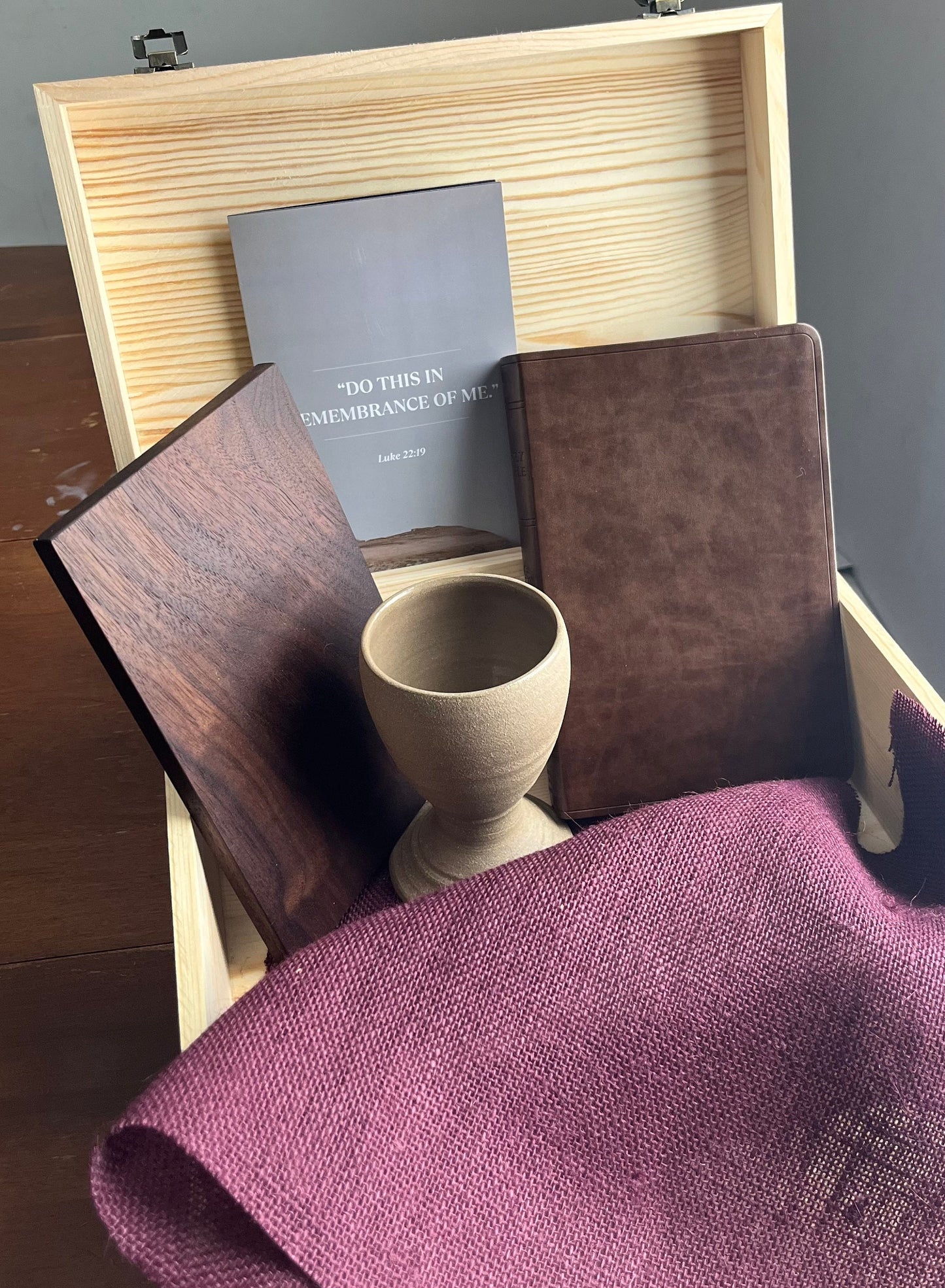 The Chosen Inspired Communion Set - Personalized | Ceramic Chalice, Bible, burlap, Wood Platter, Case | First Century | Jesus Pottery
